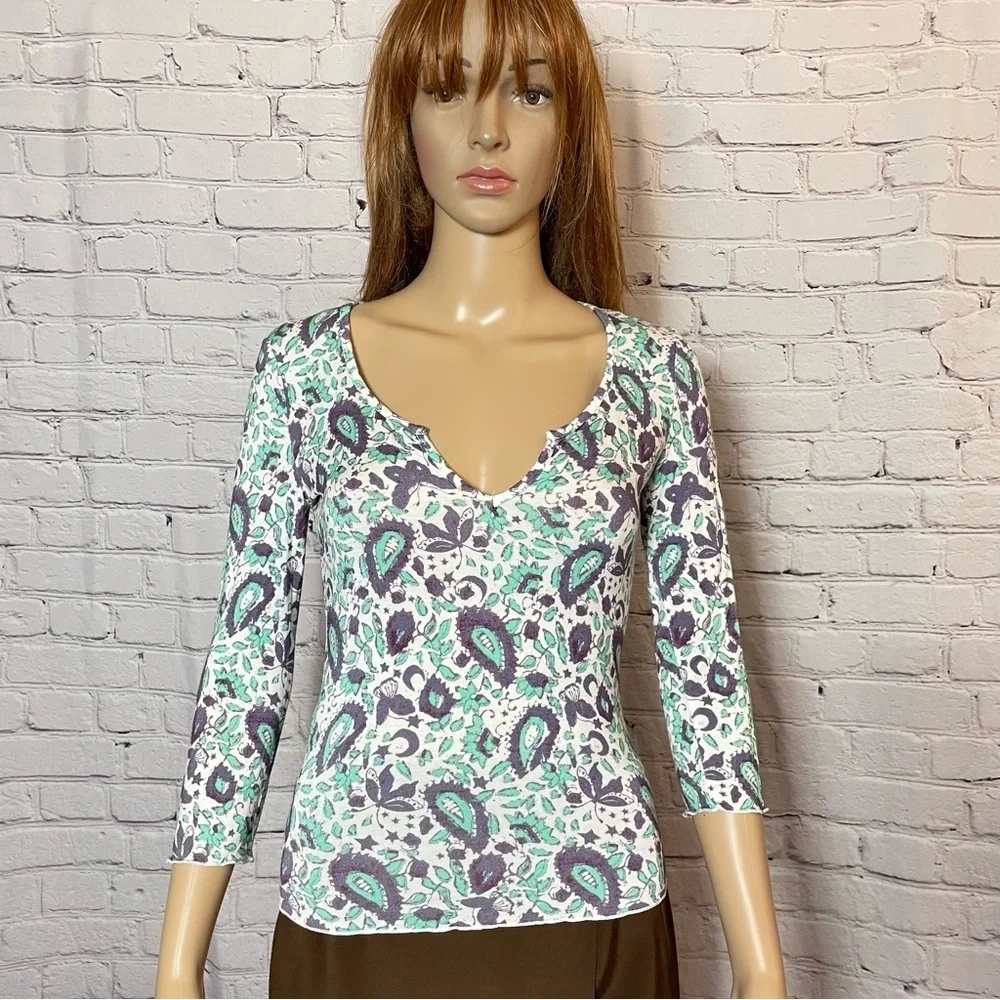 New Free People Paisley Rayon Split V-Neck 3/4 Sleeve Top Size S